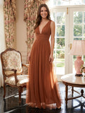 Terracotta Tulle A-Line V-Neck V-Back Floor-Length Pleated Bridesmaid Dress - Curvevia