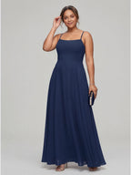Timeless Navy Blue Chiffon A-Line Straight Neck Back Zip Ankle-Length Bridesmaid Dress - Curvevia