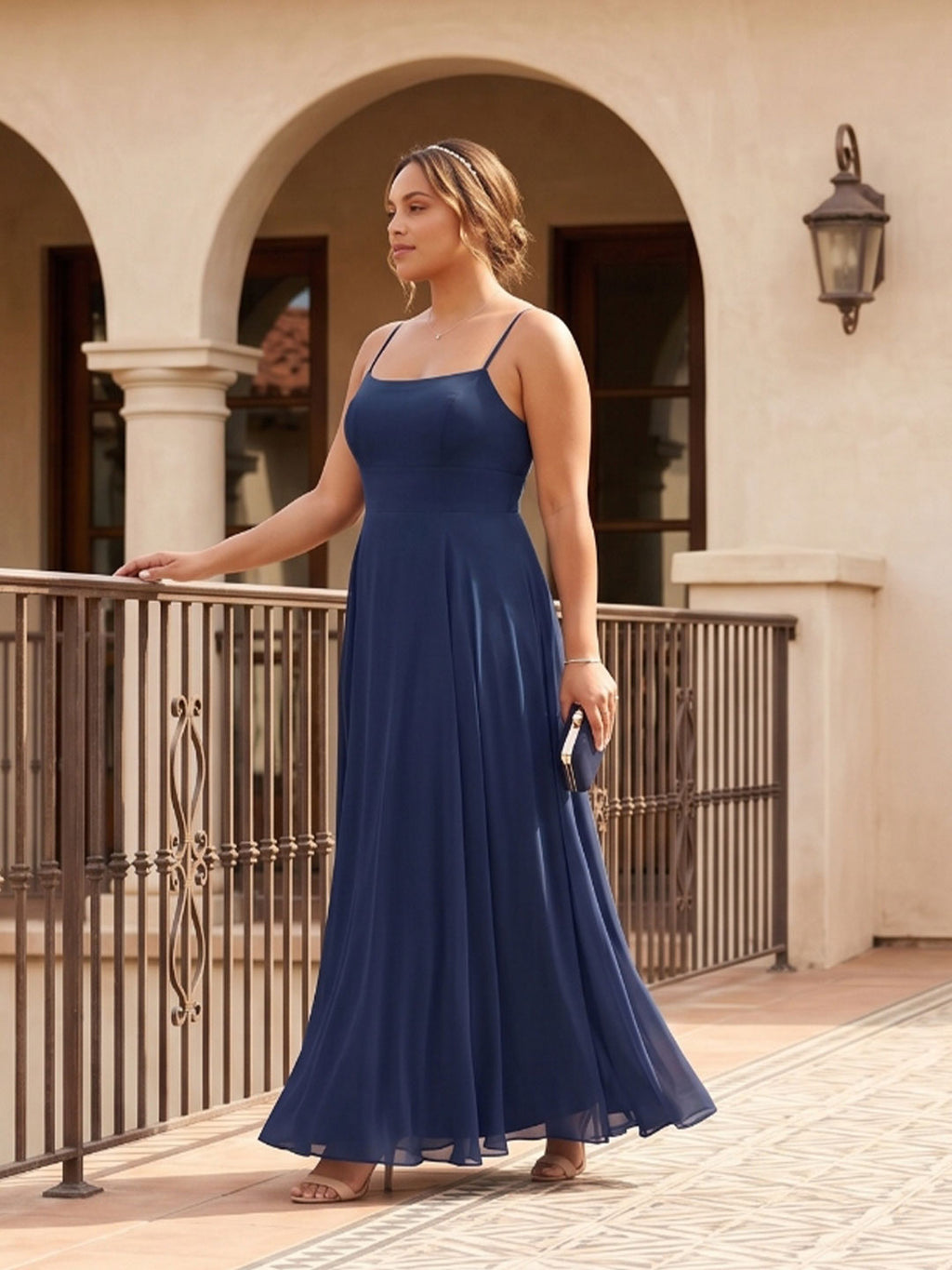 Timeless Navy Blue Chiffon A-Line Straight Neck Back Zip Ankle-Length Bridesmaid Dress - Curvevia