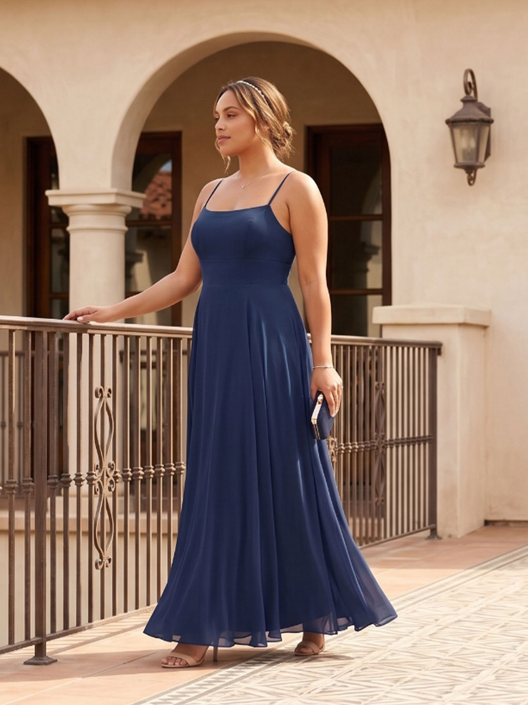 Timeless Navy Blue Chiffon A-Line Straight Neck Back Zip Ankle-Length Bridesmaid Dress - Curvevia