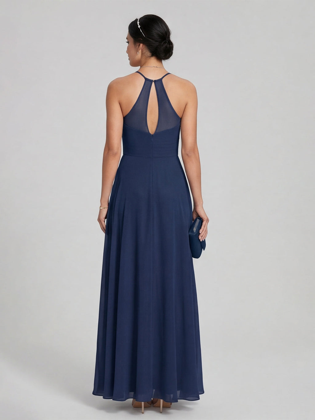 Timeless Navy Blue Chiffon A-Line Straight Neck Back Zip Ankle-Length Bridesmaid Dress - Curvevia