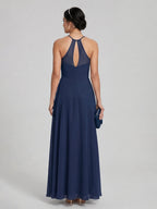 Timeless Navy Blue Chiffon A-Line Straight Neck Back Zip Ankle-Length Bridesmaid Dress - Curvevia