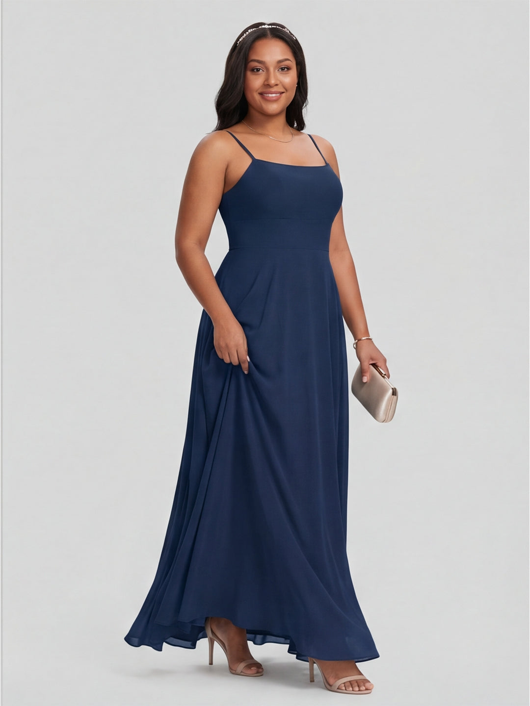 Timeless Navy Blue Chiffon A-Line Straight Neck Back Zip Ankle-Length Bridesmaid Dress - Curvevia