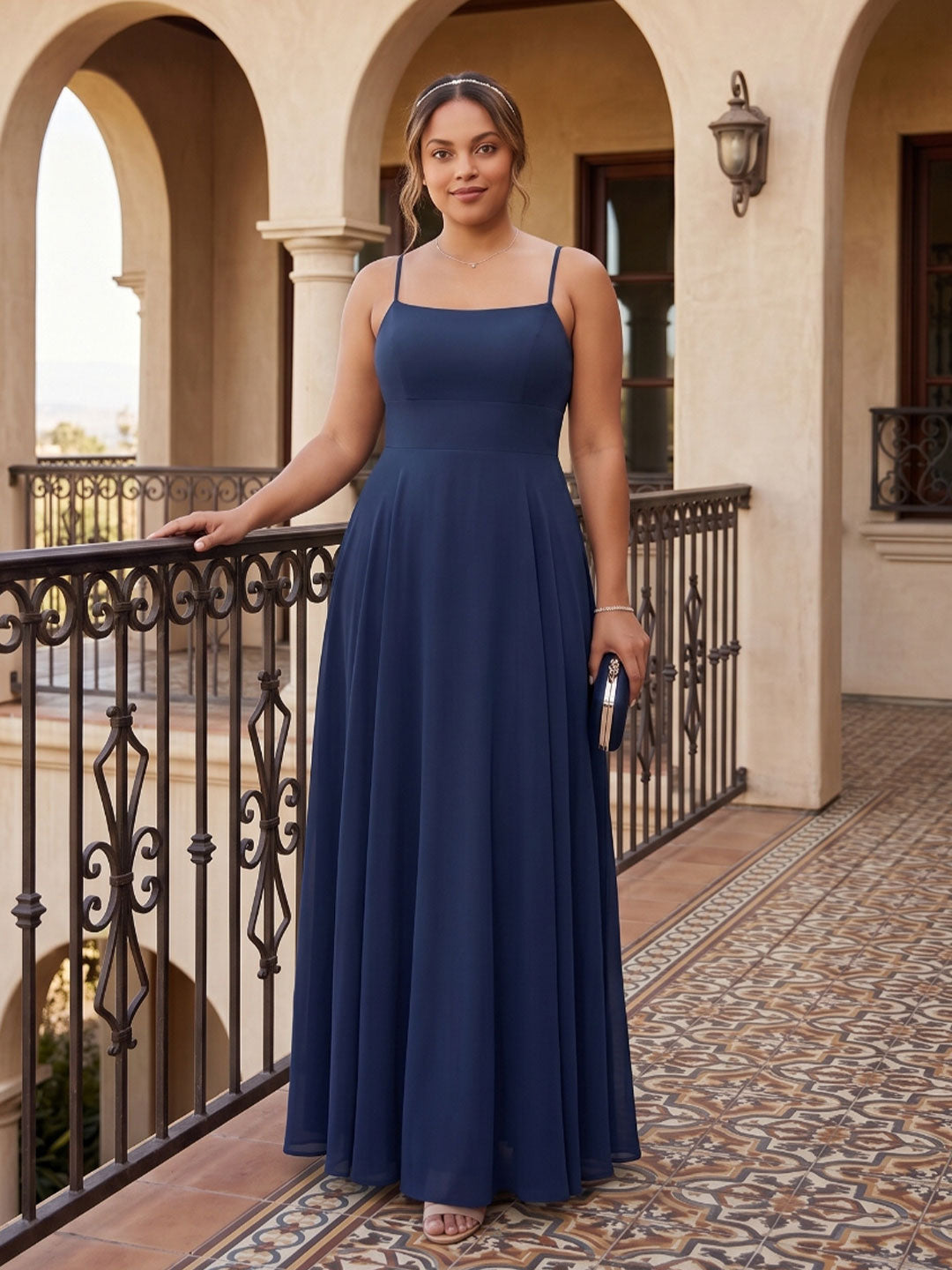 Timeless Navy Blue Chiffon A-Line Straight Neck Back Zip Ankle-Length Bridesmaid Dress - Curvevia