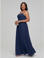 Timeless Navy Blue Chiffon A-Line Straight Neck Back Zip Ankle-Length Bridesmaid Dress - Curvevia