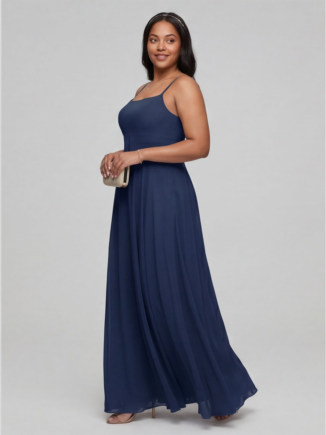 Timeless Navy Blue Chiffon A-Line Straight Neck Back Zip Ankle-Length Bridesmaid Dress - Curvevia