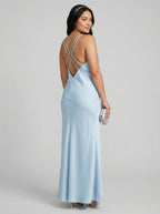 Timeless Sky Blue Satin column V-Neck Backless Ankle-Length Bridesmaid Dress - Curvevia