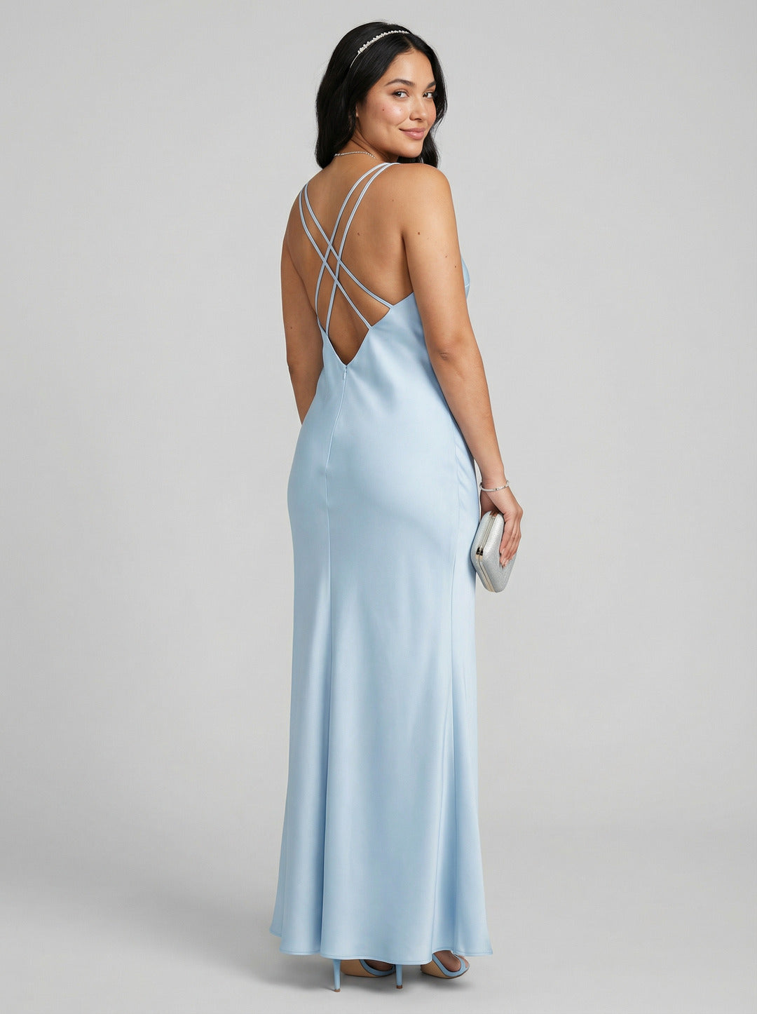 Timeless Sky Blue Satin column V-Neck Backless Ankle-Length Bridesmaid Dress - Curvevia