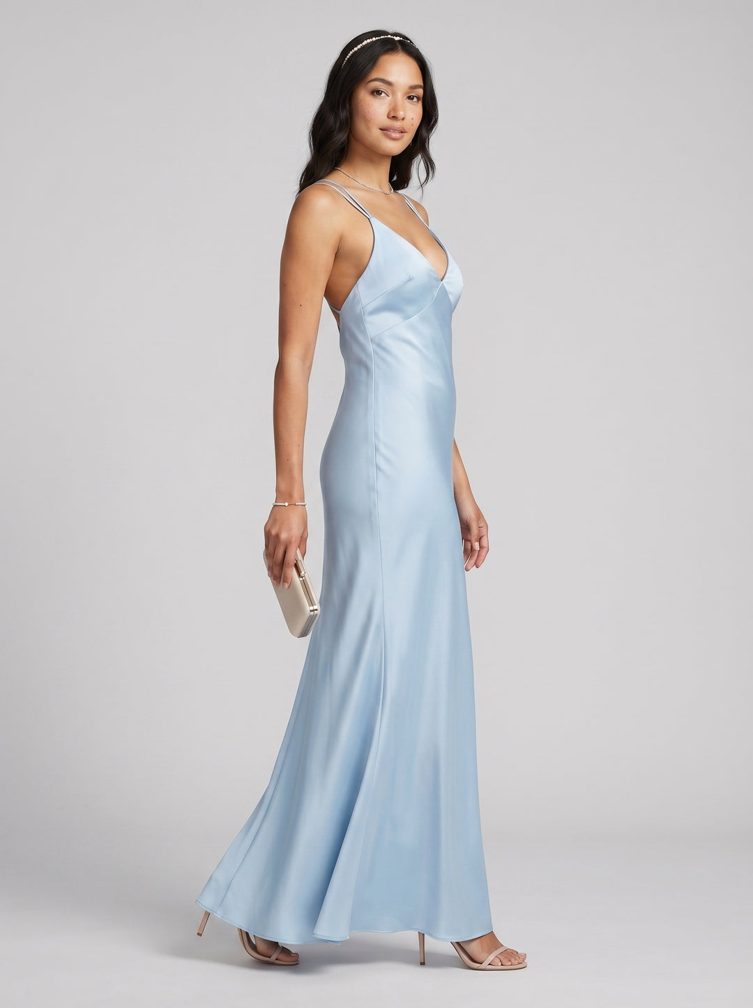 Timeless Sky Blue Satin column V-Neck Backless Ankle-Length Bridesmaid Dress - Curvevia