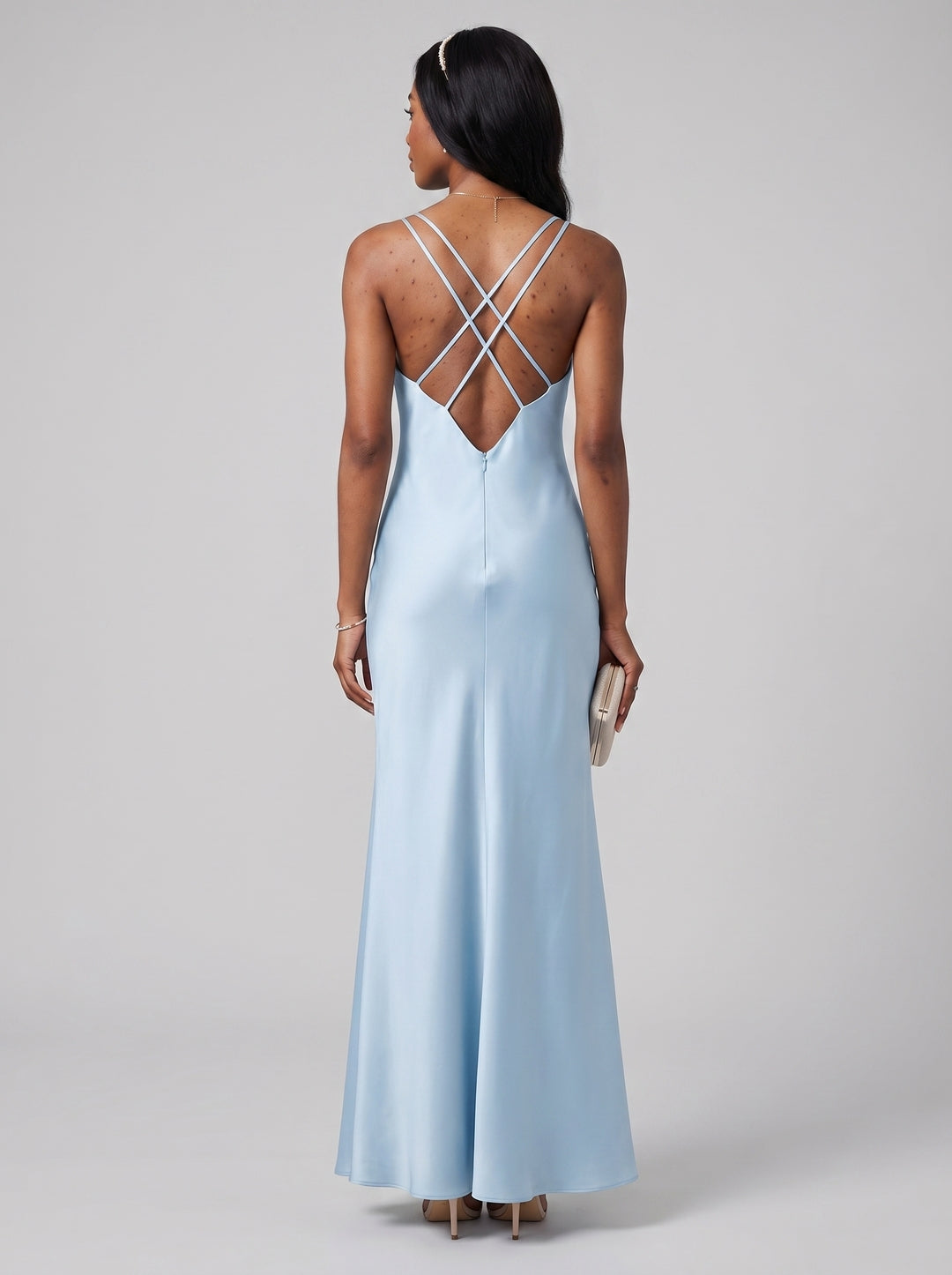 Timeless Sky Blue Satin column V-Neck Backless Ankle-Length Bridesmaid Dress - Curvevia