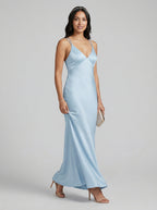 Timeless Sky Blue Satin column V-Neck Backless Ankle-Length Bridesmaid Dress - Curvevia