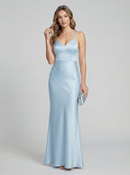 Timeless Sky Blue Satin column V-Neck Backless Ankle-Length Bridesmaid Dress - Curvevia
