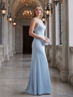 Timeless Sky Blue Satin column V-Neck Backless Ankle-Length Bridesmaid Dress - Curvevia