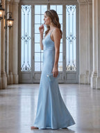 Timeless Sky Blue Satin column V-Neck Backless Ankle-Length Bridesmaid Dress - Curvevia