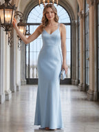 Timeless Sky Blue Satin column V-Neck Backless Ankle-Length Bridesmaid Dress - Curvevia