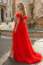 A Line Sweetheart Tiered Tulle Long Prom Dress With Slit - Curvevia