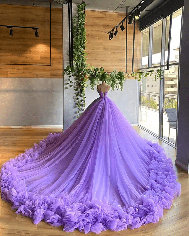 Purple A-line V Neck Tulle Ball Gown Purple Princess Dress - Curvevia