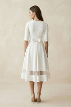 Modern Satin V-neck A Line Tea-length Wedding Dress - Curvevia
