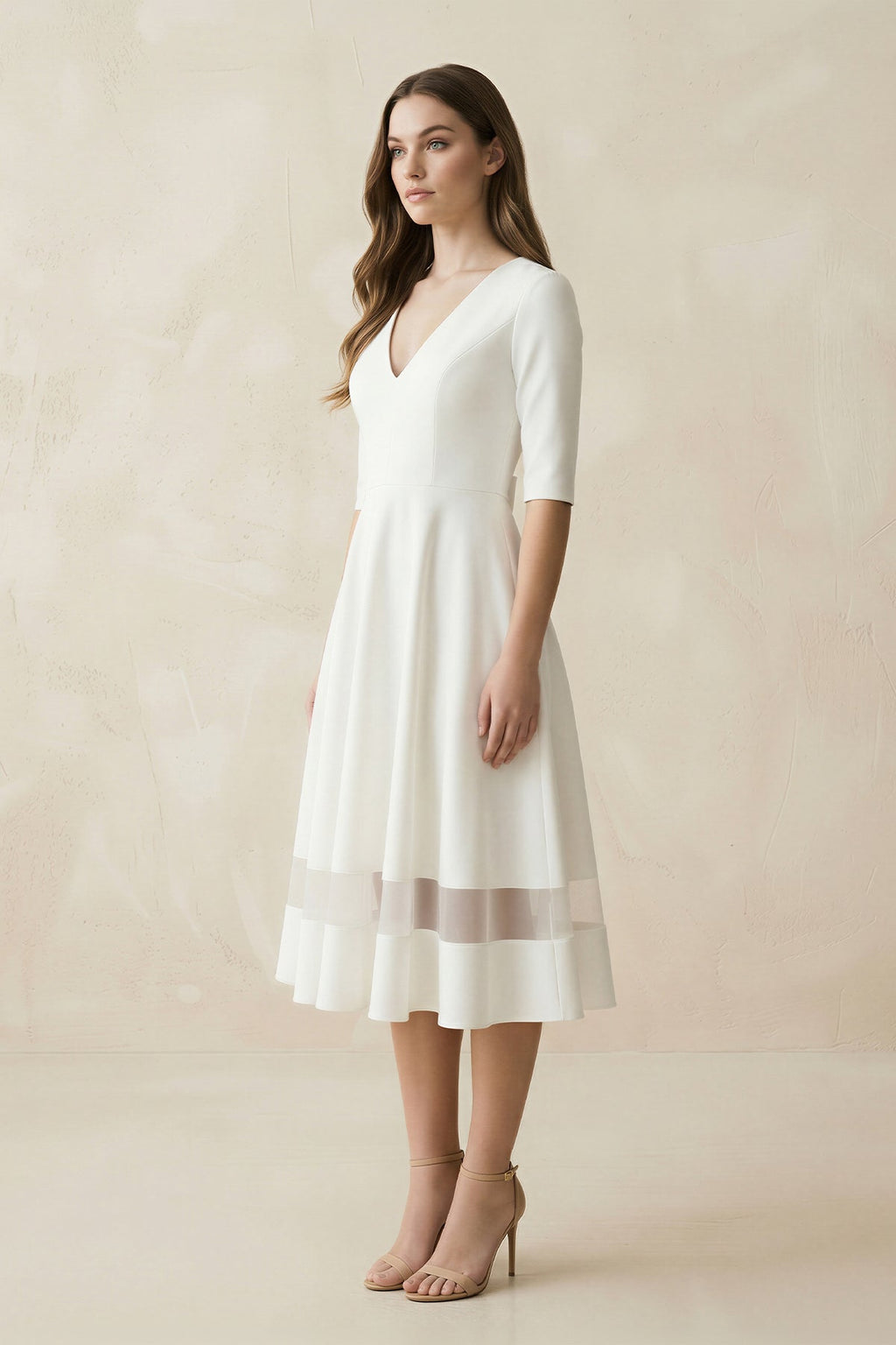 Modern Satin V-neck A Line Tea-length Wedding Dress - Curvevia