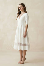Modern Satin V-neck A Line Tea-length Wedding Dress - Curvevia
