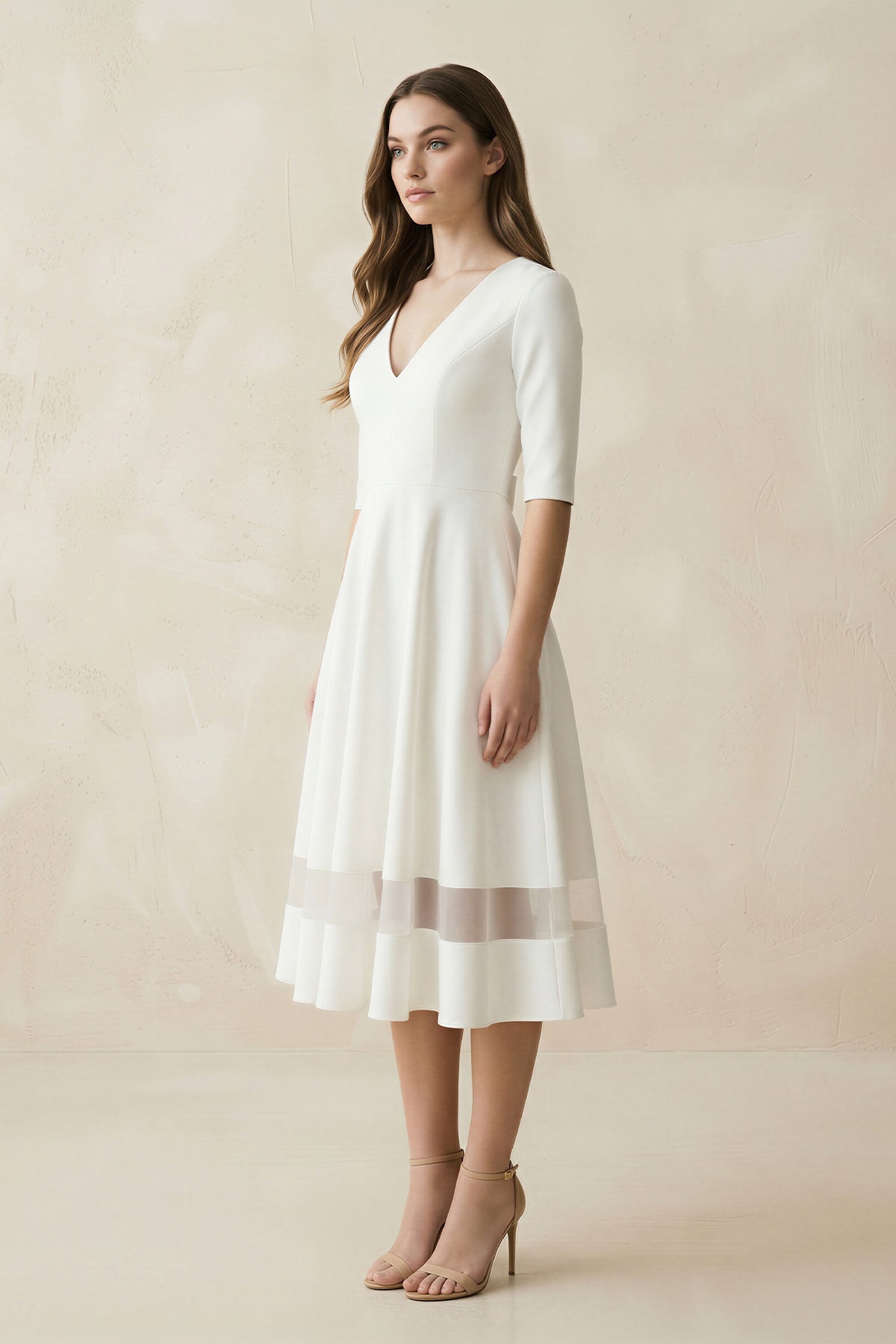 Modern Satin V-neck A Line Tea-length Wedding Dress - Curvevia
