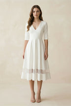 Modern Satin V-neck A Line Tea-length Wedding Dress - Curvevia