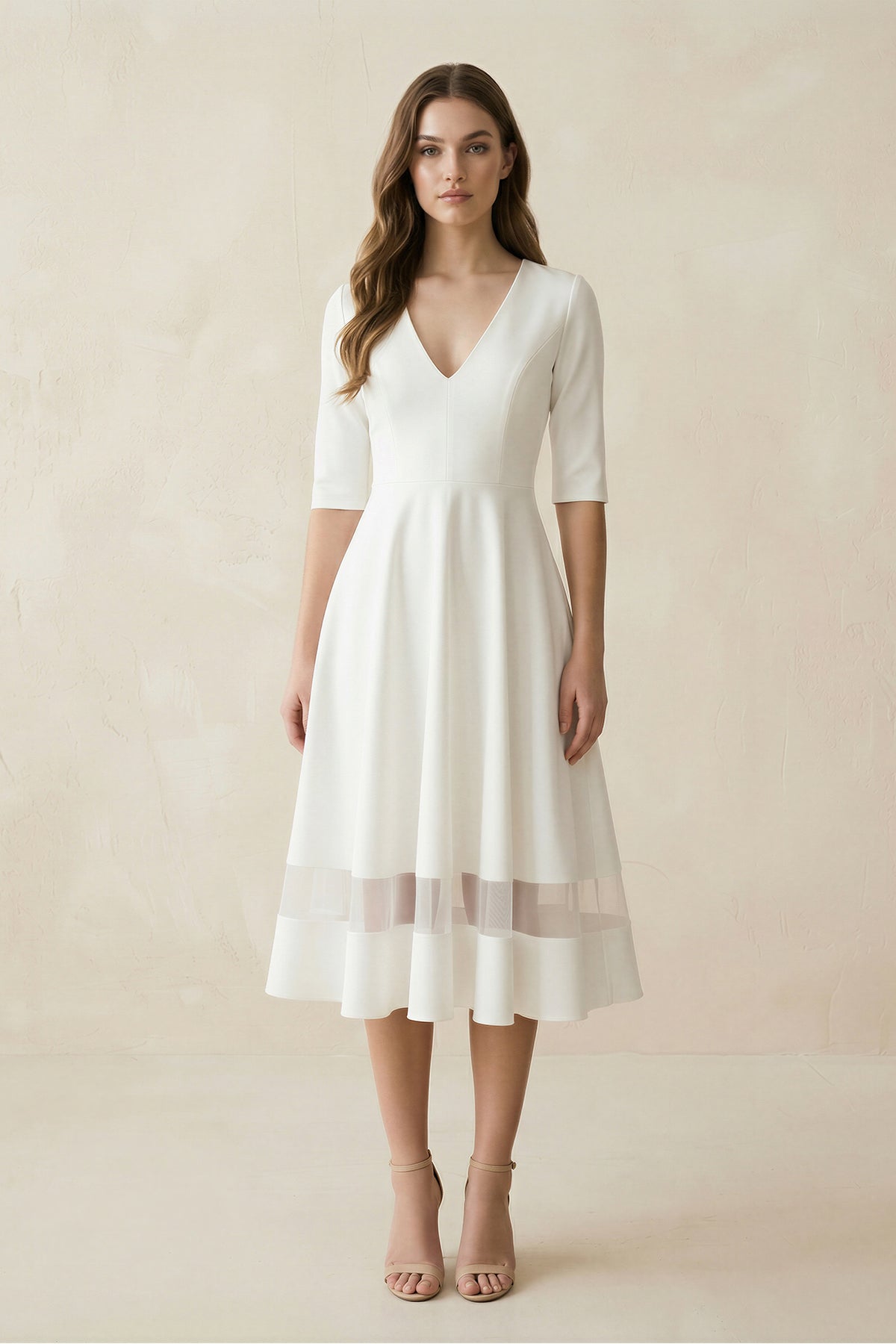 Modern Satin V-neck A Line Tea-length Wedding Dress - Curvevia