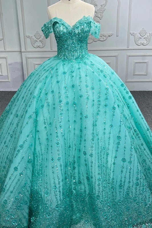 Quinceanera Dress V-neck Sequined Evening Party Dresses Off-the-shoulder - Curvevia