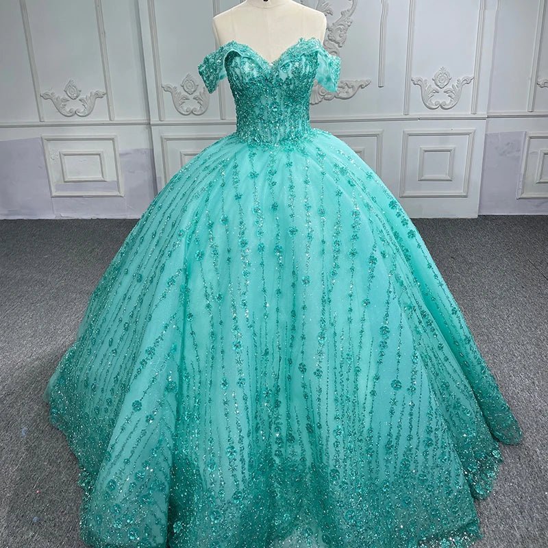 Quinceanera Dress V-neck Sequined Evening Party Dresses Off-the-shoulder - Curvevia