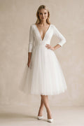 Vintage Short Casual Simple Long Sleeve A-line Tea-length Plunging Neckline Satin Wedding Dress - Curvevia