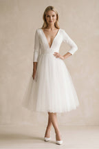 Vintage Short Casual Simple Long Sleeve A-line Tea-length Plunging Neckline Satin Wedding Dress - Curvevia
