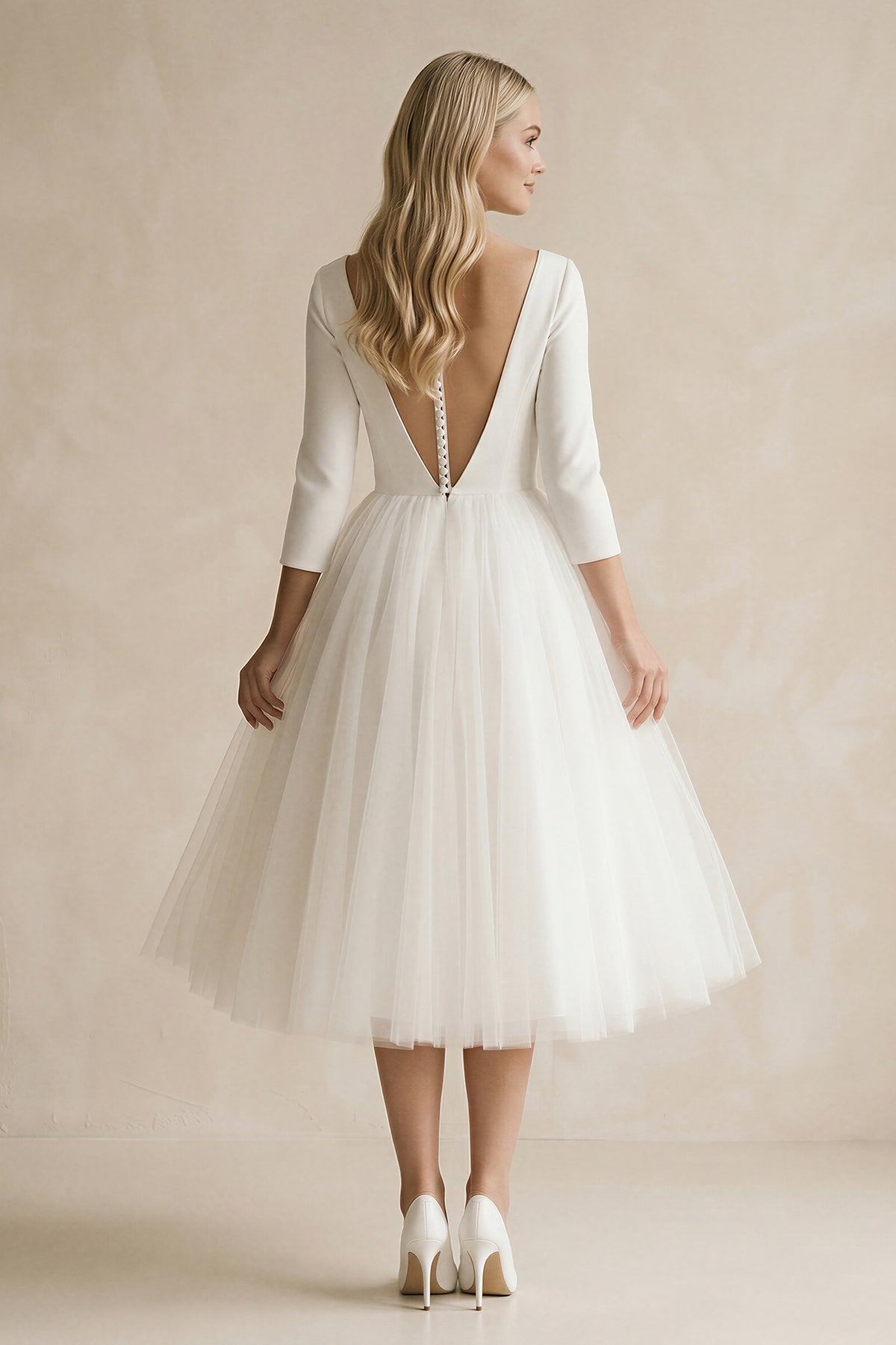 Vintage Short Casual Simple Long Sleeve A-line Tea-length Plunging Neckline Satin Wedding Dress - Curvevia