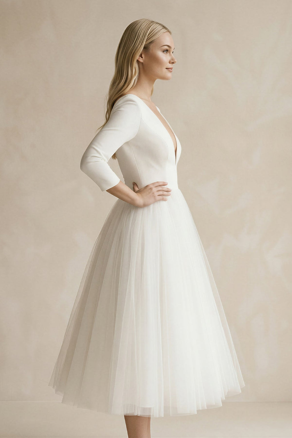 Vintage Short Casual Simple Long Sleeve A-line Tea-length Plunging Neckline Satin Wedding Dress - Curvevia