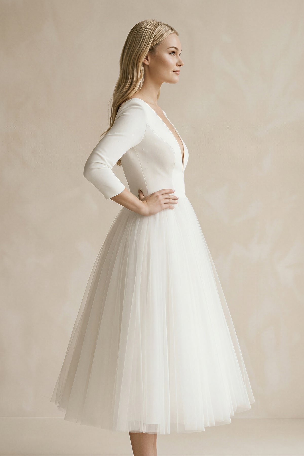 Vintage Short Casual Simple Long Sleeve A-line Tea-length Plunging Neckline Satin Wedding Dress - Curvevia