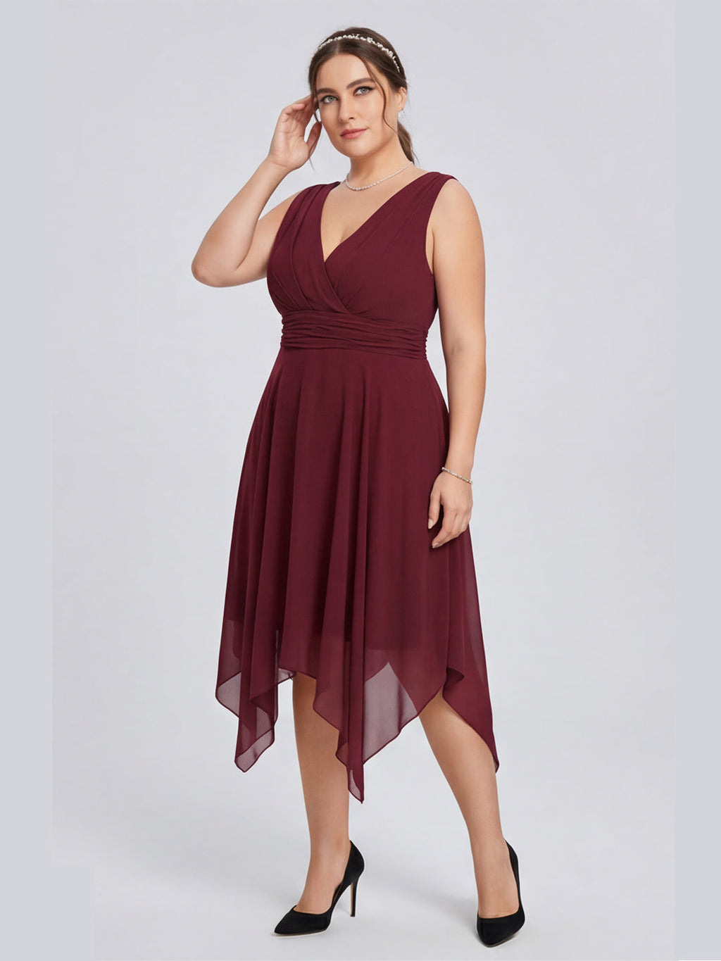 Vintage Cabernet Chiffon A-Line V-Neck V-Back Asymmetrical Plus Size Bridesmaid Dress - Curvevia