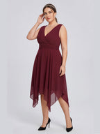 Vintage Cabernet Chiffon A-Line V-Neck V-Back Asymmetrical Plus Size Bridesmaid Dress - Curvevia