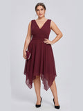 Vintage Cabernet Chiffon A-Line V-Neck V-Back Asymmetrical Plus Size Bridesmaid Dress - Curvevia