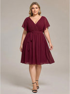 Vintage Cabernet Chiffon A-Line V-Neck Lace-up Knee-Length Plus Size Bridesmaid Dress - Curvevia