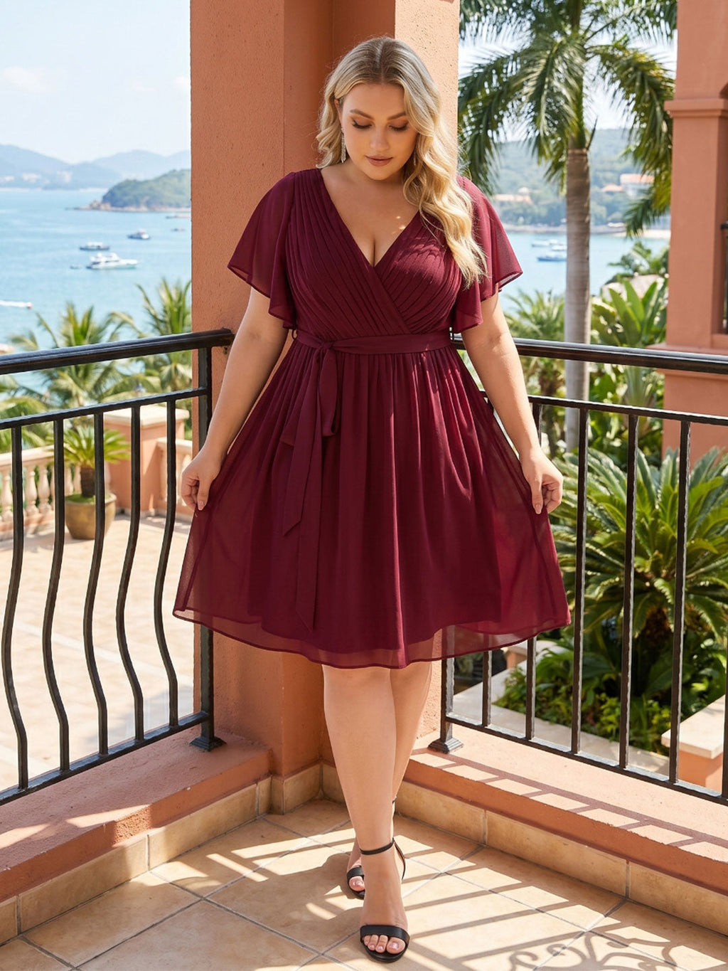 Vintage Cabernet Chiffon A-Line V-Neck Lace-up Knee-Length Plus Size Bridesmaid Dress - Curvevia