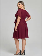 Vintage Cabernet Chiffon A-Line V-Neck Lace-up Knee-Length Plus Size Bridesmaid Dress - Curvevia
