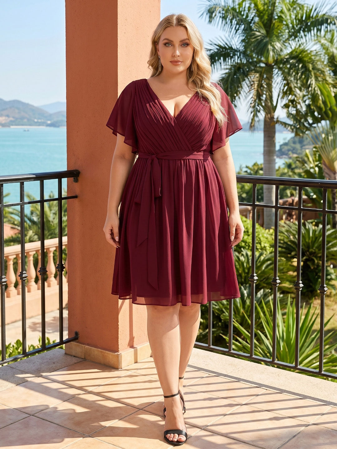 Vintage Cabernet Chiffon A-Line V-Neck Lace-up Knee-Length Plus Size Bridesmaid Dress - Curvevia