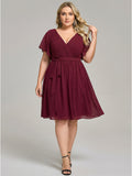 Vintage Cabernet Chiffon A-Line V-Neck Lace-up Knee-Length Plus Size Bridesmaid Dress - Curvevia