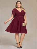 Vintage Cabernet Chiffon A-Line V-Neck Lace-up Knee-Length Plus Size Bridesmaid Dress - Curvevia