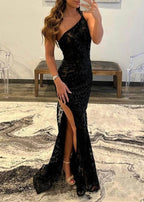 Mermaid One Shoulder Lace Evening Dress with Silt - Curvevia