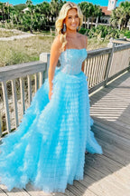 A Line Spaghetti Straps Corset Ruffled Prom Dress - Curvevia