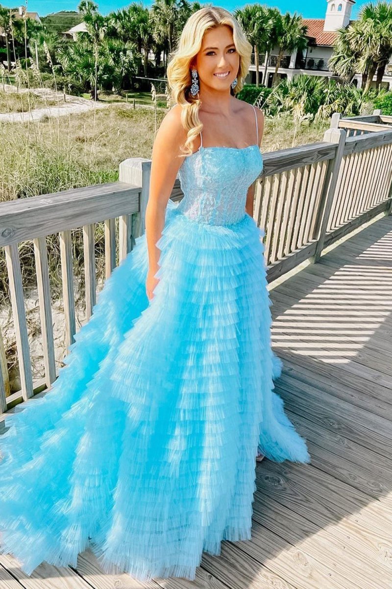A Line Spaghetti Straps Corset Ruffled Prom Dress - Curvevia