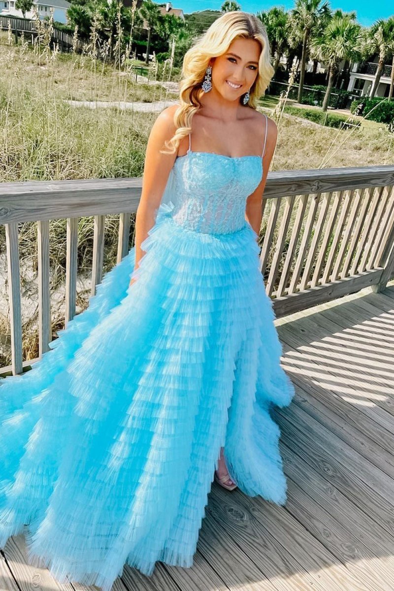 A Line Spaghetti Straps Corset Ruffled Prom Dress - Curvevia