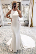 White Long Mermaid Boho Wedding Dress with Appliqued - Curvevia