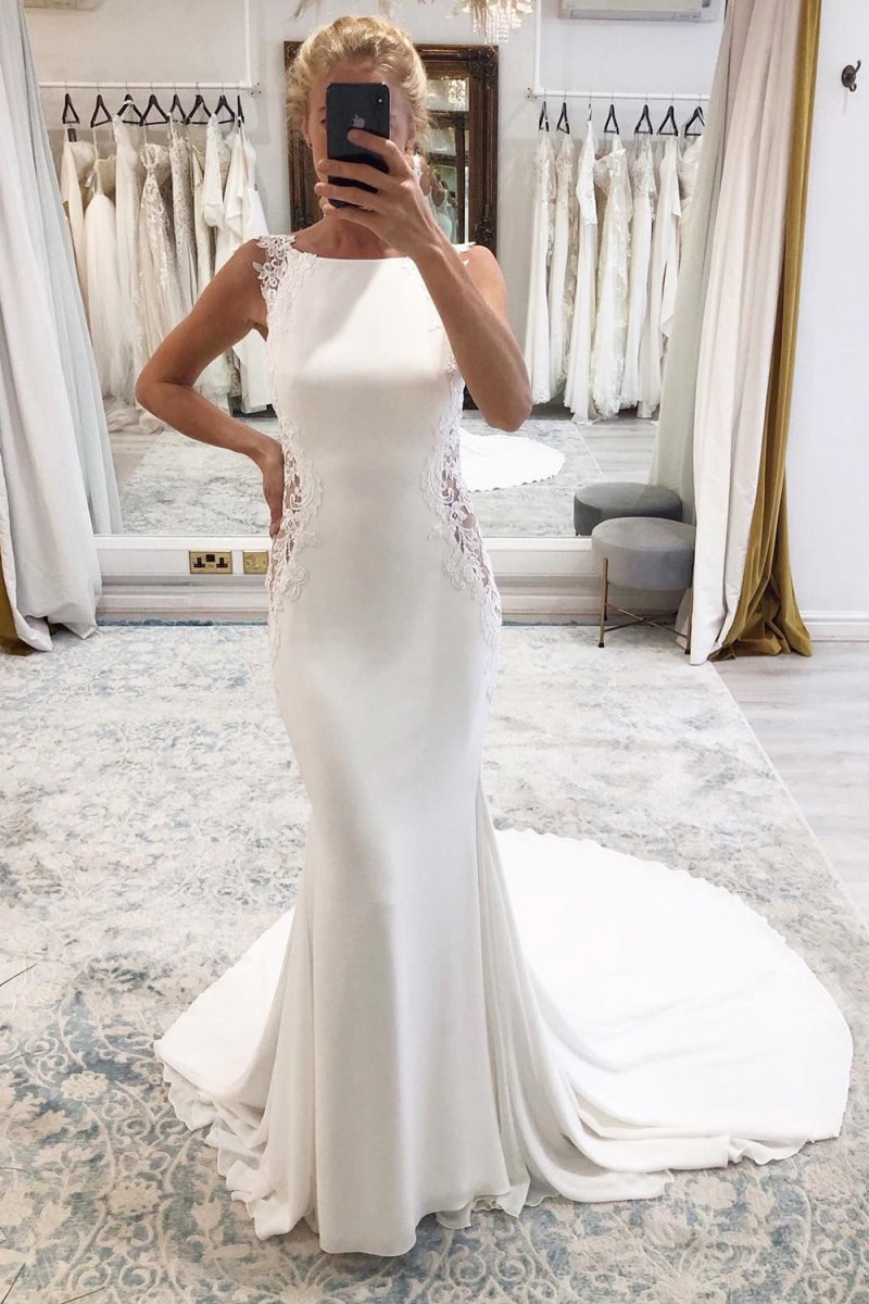 White Long Mermaid Boho Wedding Dress with Appliqued - Curvevia