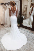 White Long Mermaid Boho Wedding Dress with Appliqued - Curvevia